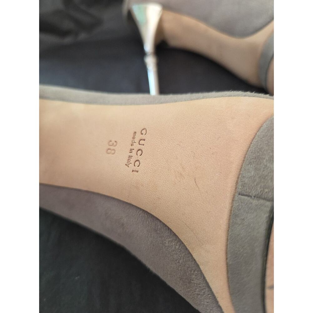 Gucci Gray Suede Silver Bamboo Heels Stilettos Sz 36.5 Open Toe Pumps Party Glam - Picture 9 of 12